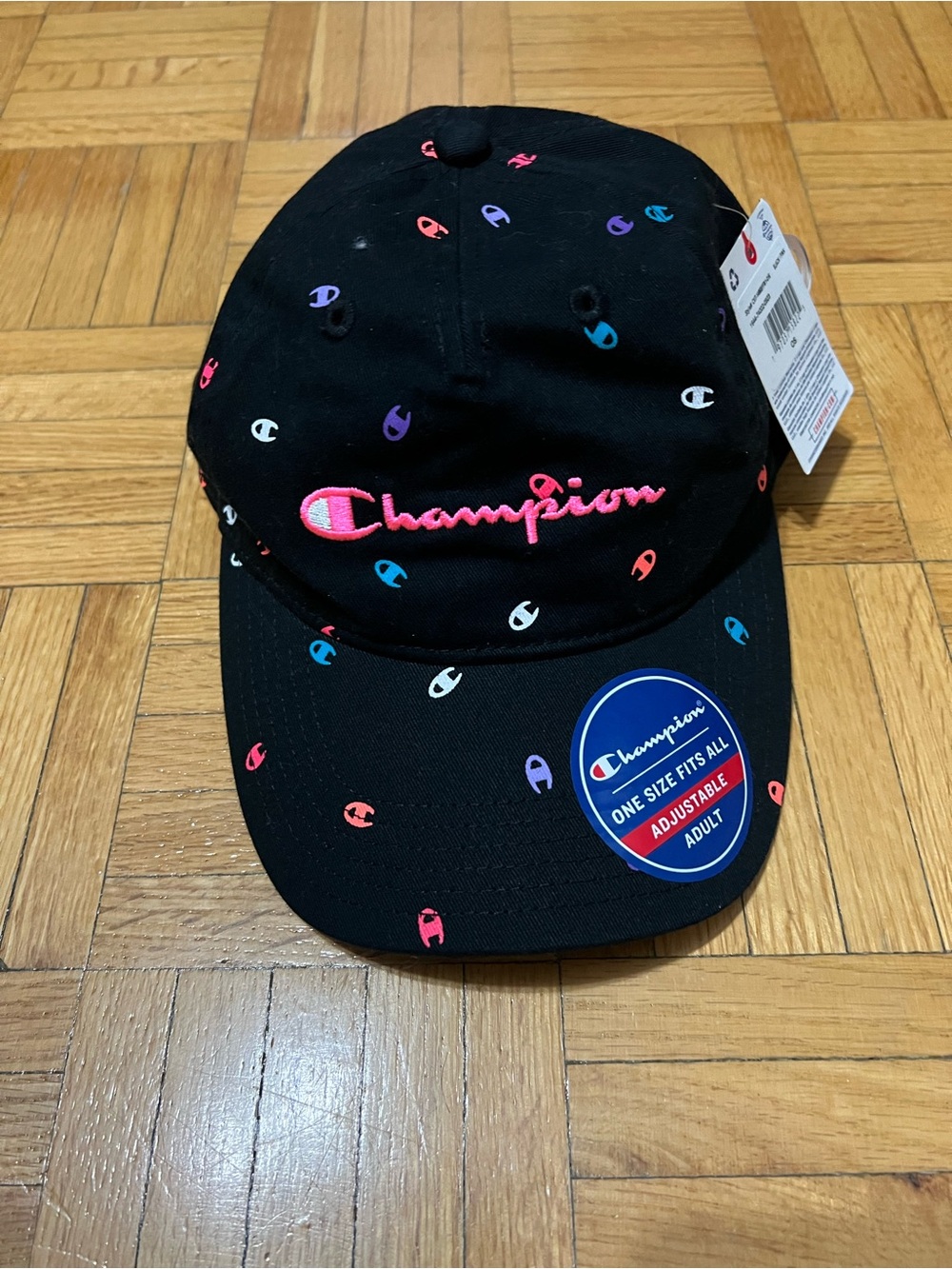 Champion Black Cap with Pink Script and Multicolor Mini Logos